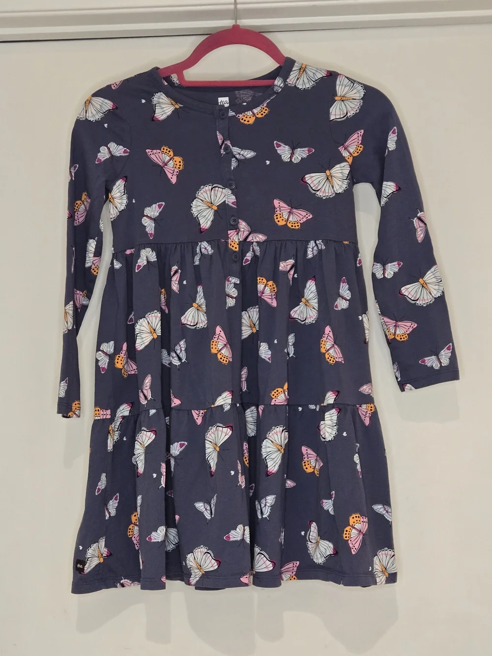 Girls' Navy Butterfly Print Long-Sleeve Dress, Size 10
